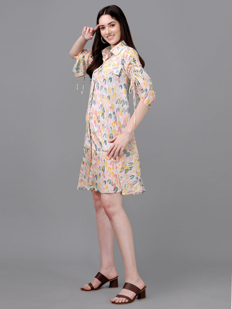 Masakali.co Women's Cream Georgette Abstract Print Dress