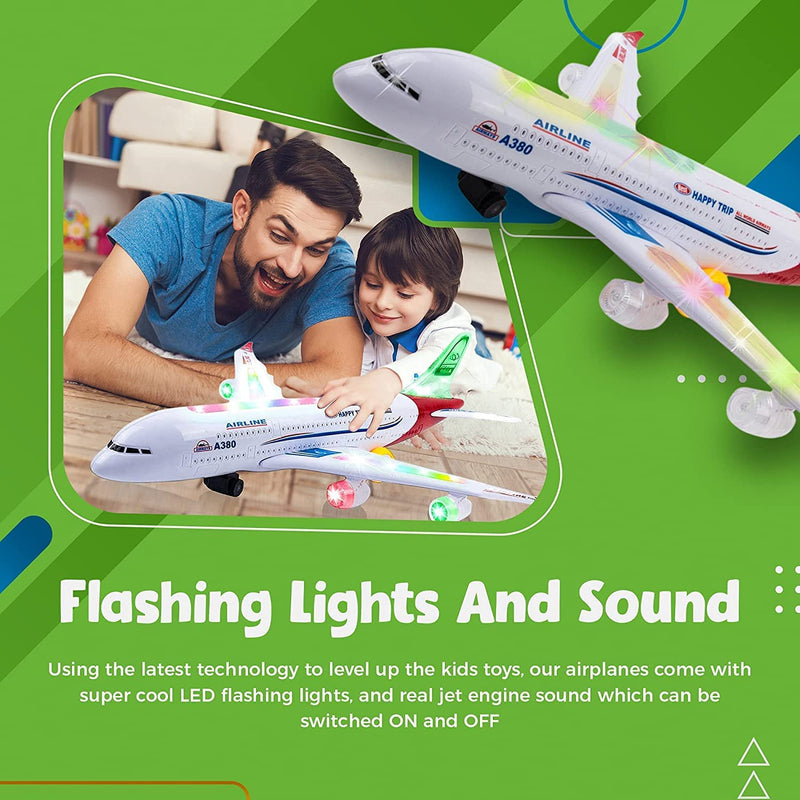 Toyshine Airplane Toys for Kids, Bump and Go Action, Toddler Toy Plane with LED Flashing Lights and Sounds for Boys & Girls 3-12 Years Old (A380)- Mix Design