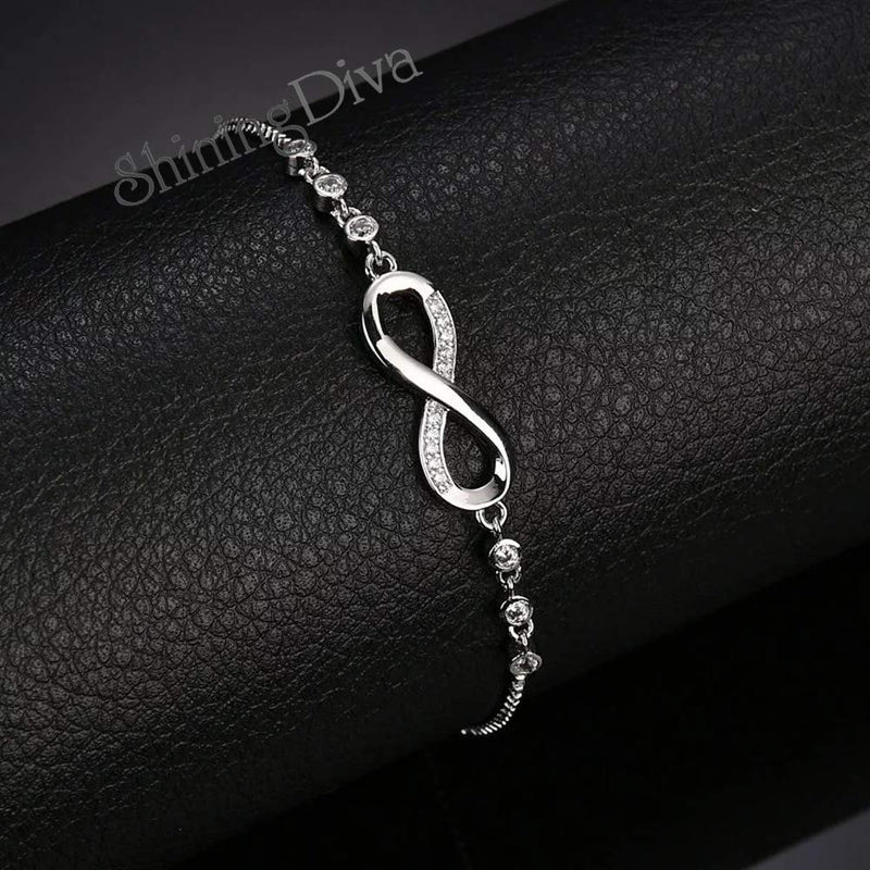 Shining Diva Fashion Infinity Crystal Charm Silver Plated Bracelet for Women (Silver, 10672b),One Size