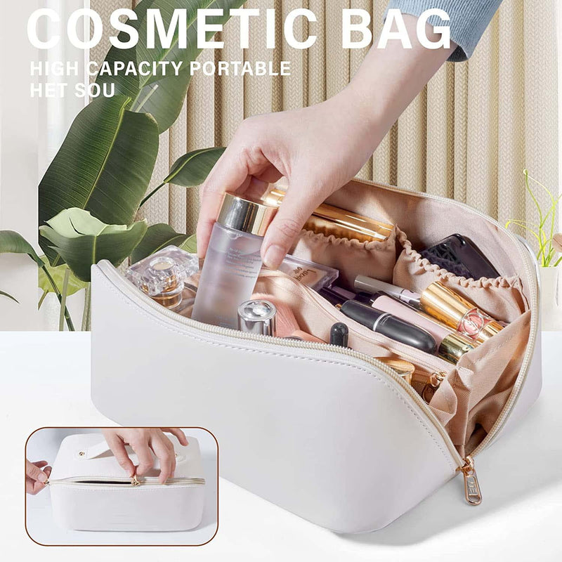 Renva Pink Travel Makeup Bag Large Capacity Cosmetic Bag with Compartment Waterproof PU Leather Makeup Bag for Women and Girl