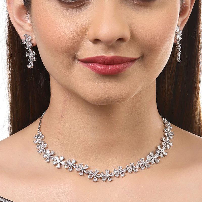 ZENEME Rhodium Plated Silver Toned White American Diamond Studded Flower Shaped Jewellery Set For Girls and Women (White)