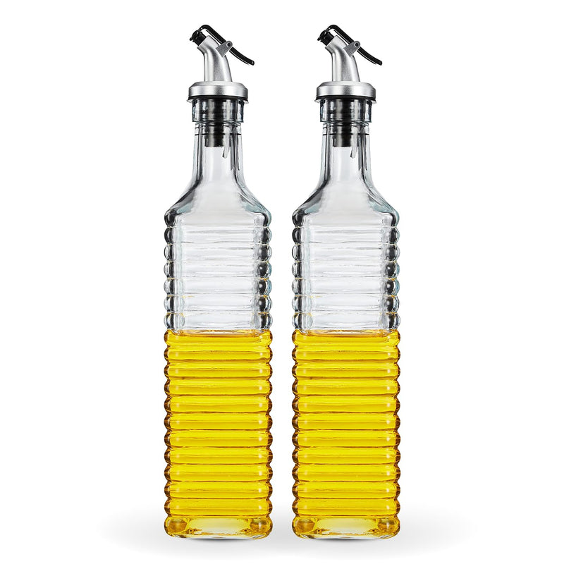 Amazon Brand - Solimo Oil Dispenser with Spout; Leak-proof, Dust-proof, Messy-pour-free, Silica Glass, Striped Design, Set of 2, 500 ml