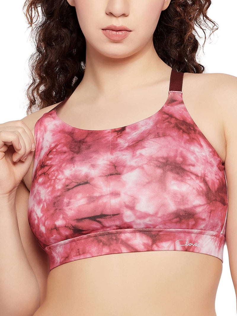 Clovia Women's Medium Impact Padded Printed Sports Bra with Removable Cups (BRS067P09_Maroon_L)