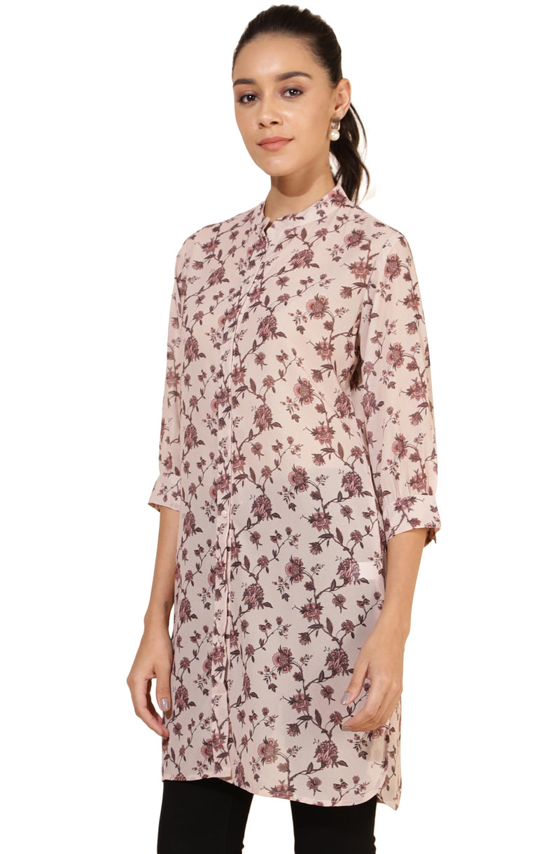 Janasya Women's Beige Georgette Floral Printed Regular Tunic(JNE4325-TU-XL)