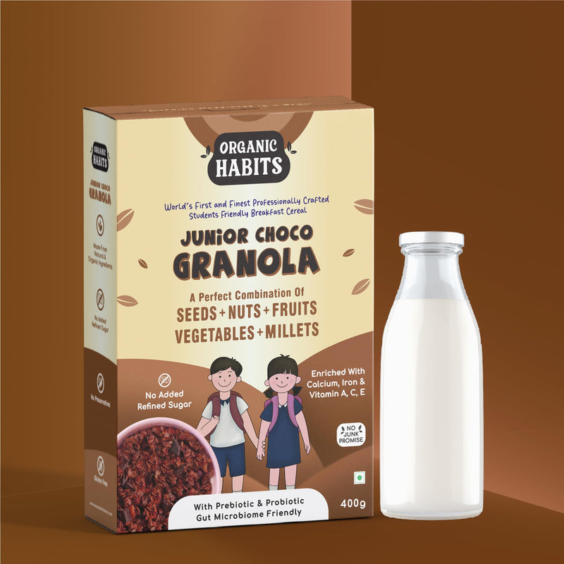 ORGANIC HABITS Junior Choco Granola, Breakfast Cereal with Millets, Nuts, Seeds & Wholegrain, Student-friendly High Protein Muesli with Pre & Probiotics, Calcium, Iron & Vitamins, Zero Sugar, 400g