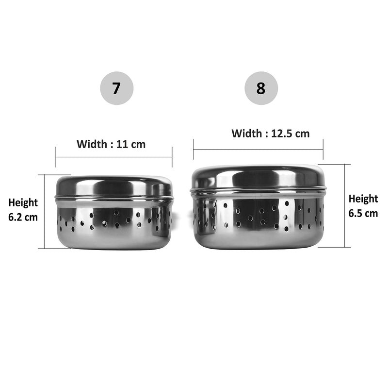 Sumeet Stainless Steel Hole Puri Dabbas/Sprout Maker/Flat Canisters with Air Ventilation Size No.7-11 cm Dia & No. 8-12.5 cm Dia