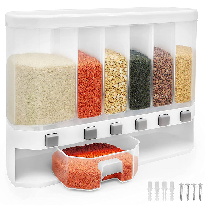 PULSBERY Plastic Wall Mounted Scent Dispenser - Large Capacity Organizer Storage With Free Control Of Grocery Output, Use For Dry Food, Rice, Dal For Dispenser, 6-Grid 12L Large