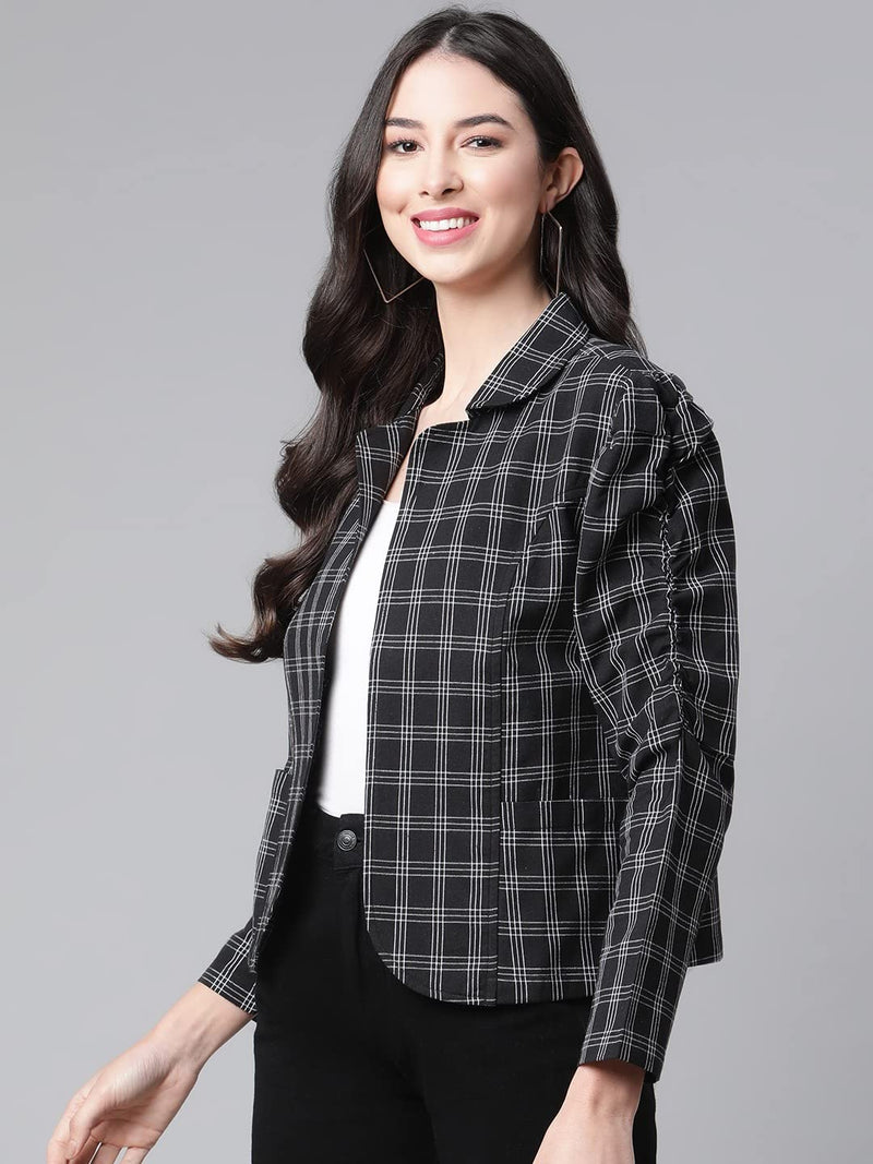 Cottinfab Women Black White Pure Cotton Checked Tailored Jacket