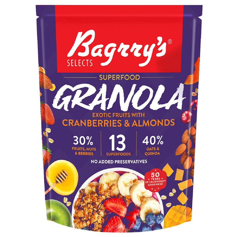 Bagrry’s Superfood Granola Exotic Fruits with Almonds & Cranberries | 30% Fruit & Nut | 40% Oats & Quinoa | Breakfast Cereals, 400g