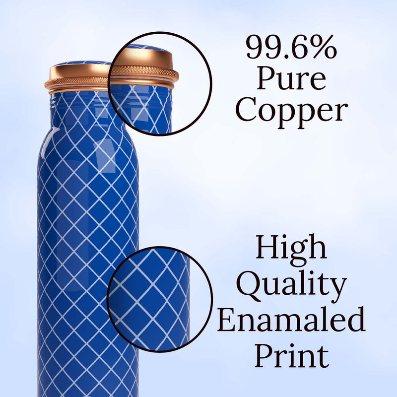 EB-Everything Beautiful Pure Copper Water Bottle 1 Litre with Glass Set made of Tamba in Printed Blue Checkered Standard Design Suitable Birthday Gift for Men & Women by ebstore (1L, 2x 270ml)