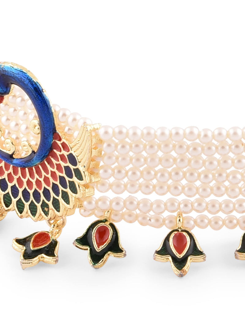 ZAVERI PEARLS Multicolor Meenakari Peacock Inspired Multistrand Pearls Choker Necklace Earring & Ring Set For Women-ZPFK14436