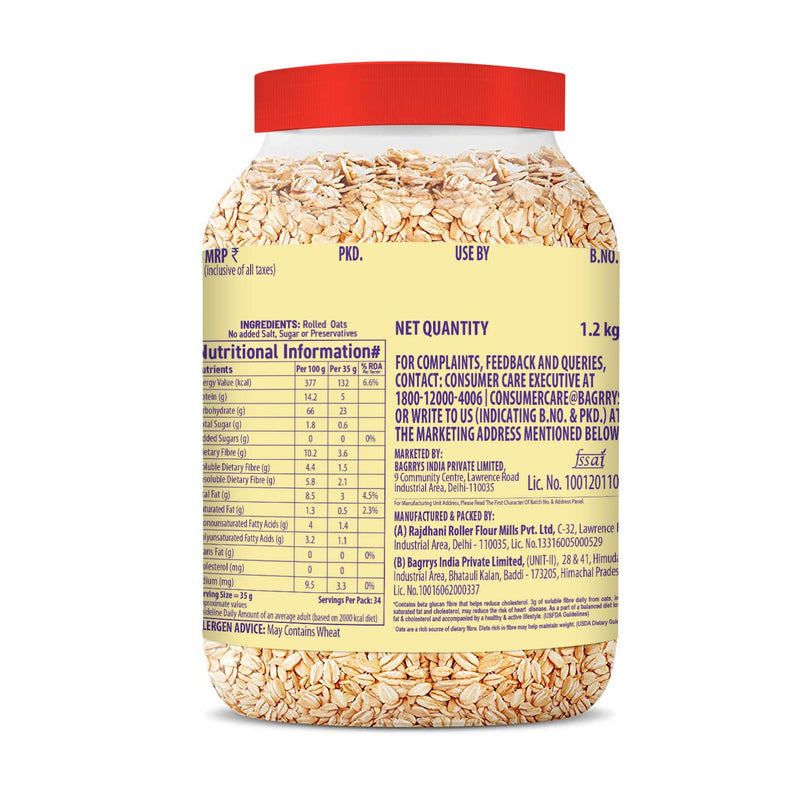 Bagrry’s 100% Jumbo Rolled Oats 1.2kg Jar | Whole Grain Rolled Oats with High Fibre, Protein | Non GMO | Healthy Food with No Added Sugar | Diet food for Weight Management | Premium Rolled Oats | Nutritious & Healthy Breakfast Cereal | Instant Oats