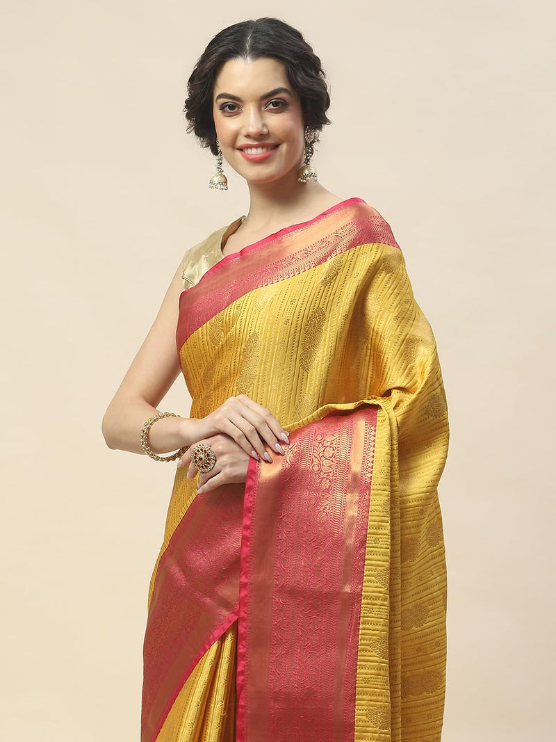 Meena Bazaar Zari Jaal Woven Cotton Saree With Blouse (Mustard)