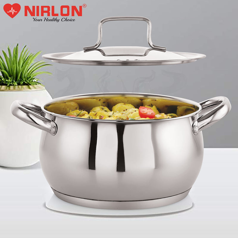 NIRLON Deluxe Series Stainless Steel Impact Bonded Tri Ply Bottom Induction Handi Casserole with Steel Lid, 18 cm / 2.9 litres, Dishwasher Safe | Flame Safe | Gas Stove Safe | Hot Plate Safe