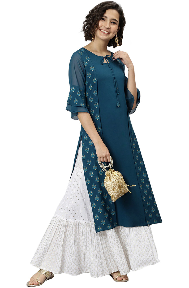 Janasya Women's Teal Poly Crepe Ethnic Motifs Kurta(Teal_Medium)