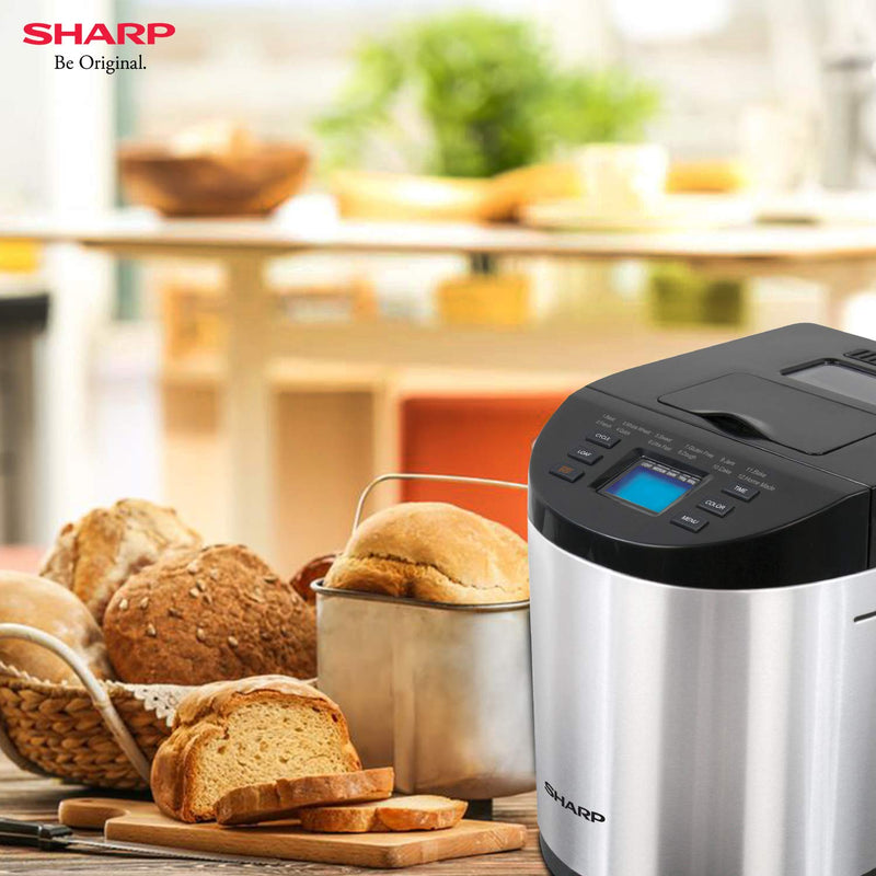 Sharp Table-Top Bread Maker for Home, Kitchen | Fully Automatic Functions | 12 Pre-Programmed Menus Including Gluten-Free | 3 Crust Colours | Fruit & Nut Dispenser | LCD Display | Grey, Black