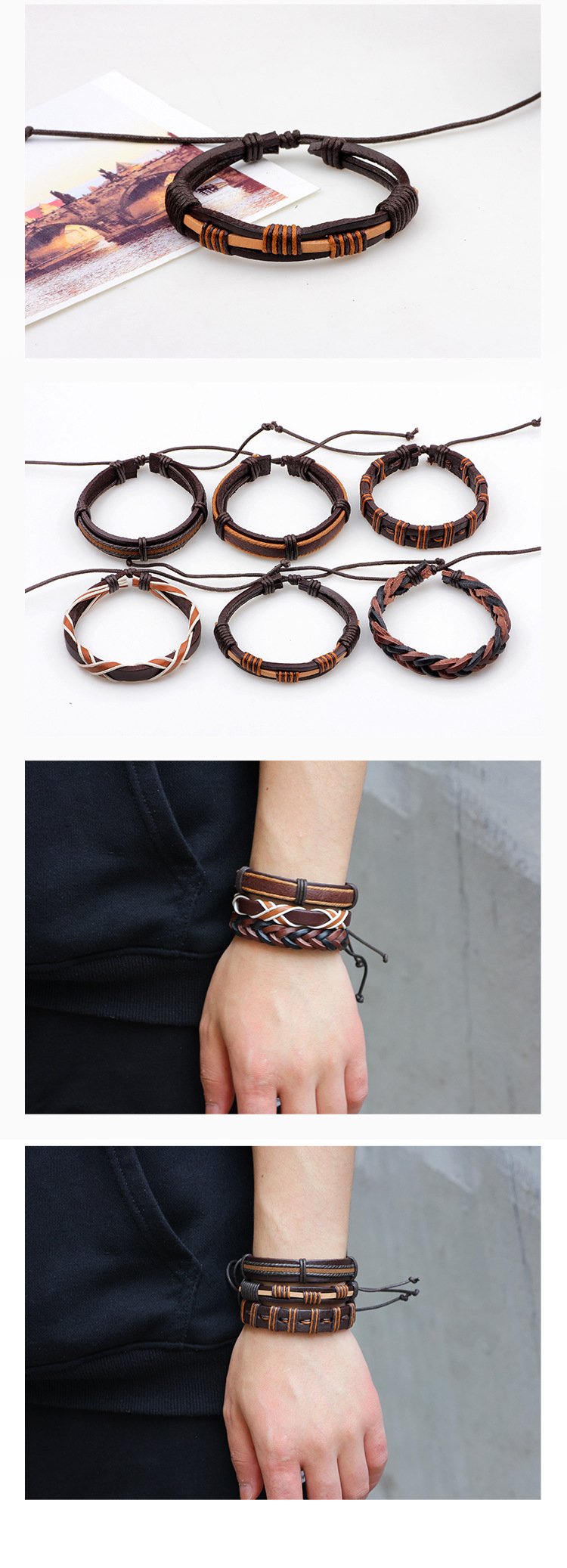 University Trendz 6 Pcs Brown Wrap Real Leather Bracelet for Boys Friendship Bracelets Skin Friendly (African)