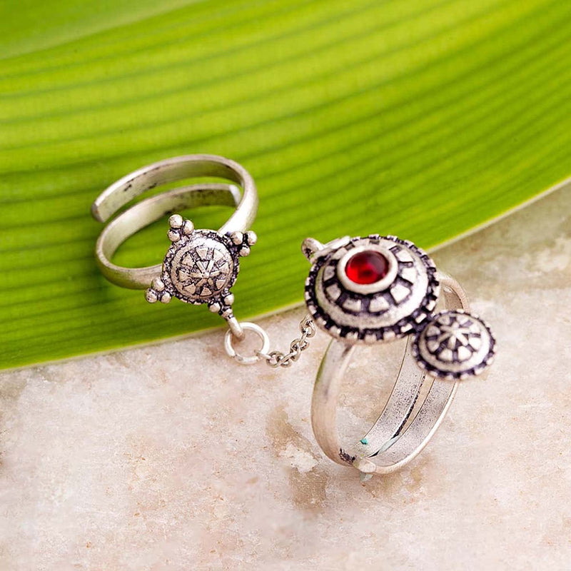 Voylla Brass Silver Oxidised Adjustable Two Finger Ring with Red Stone for Women and Girls