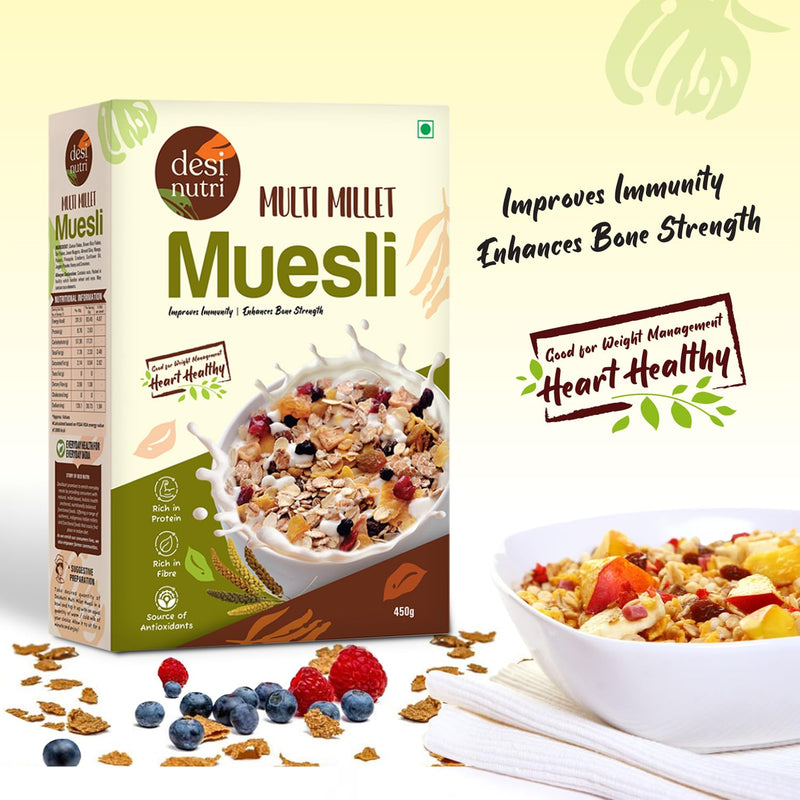 Desi Nutri Multi Millet Museli | Ready to Eat Healthy Museli | Rich In Protein & Fibre | An Energy Powerhouse | Perfect for Breakfast or Evening Suppers | 450 gms