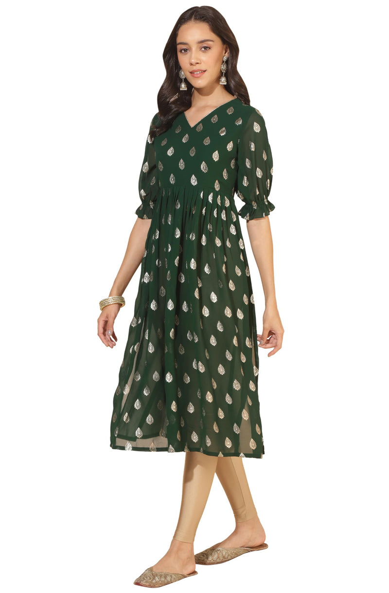 Janasya Women's Bottle Green Georgette Foil Printed Gathered Kurta(JNE4309-KR-XXL)