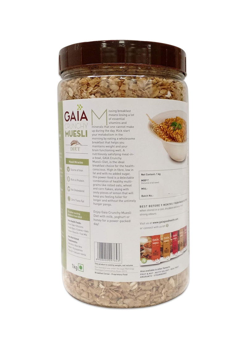 Gaia Diet Muesli - Healhty Diet Food - Power of Multigrain Oats,Wheat Flakes,High Fiber - Super Tasty and Delicious - Sugar Free Breakfast Cereal 1KG Jar(Pack of 2)