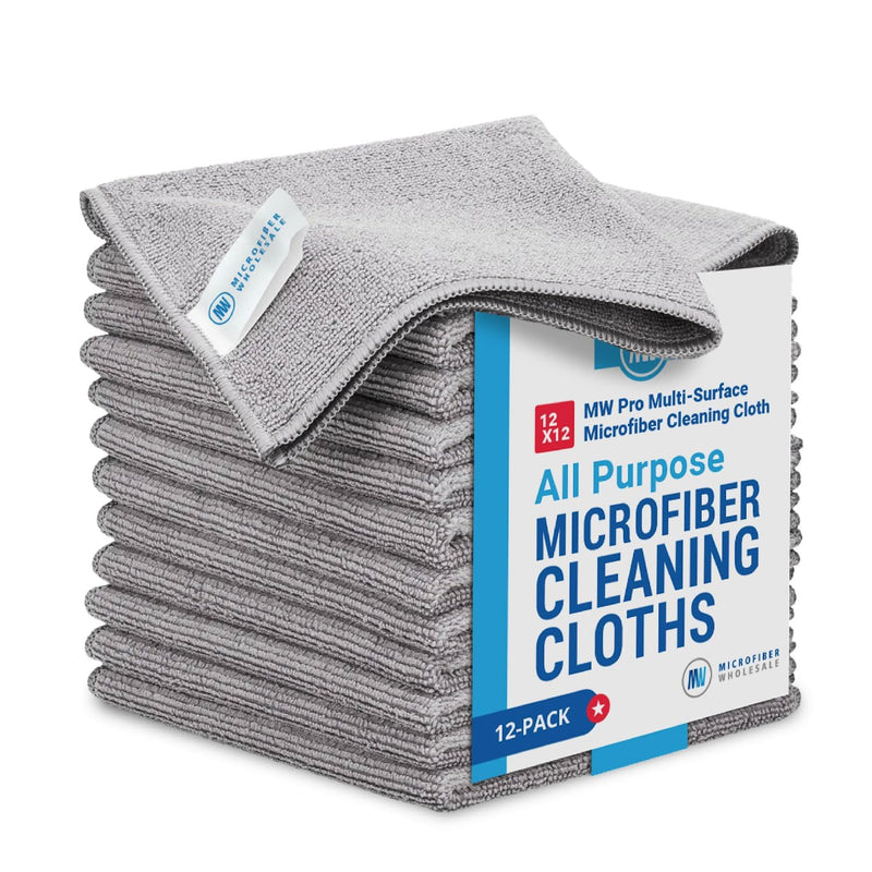 12" x 12" Buff Pro Multi-Surface Microfiber Cleaning Cloths | Gray - 12 Pack | Premium Microfiber Towels for Cleaning Glass, Kitchens, Bathrooms, Automotive