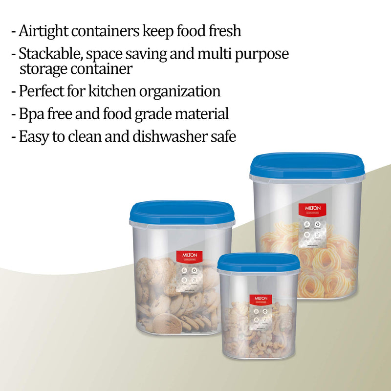 MILTON Plastic Quadra Storage Container, Set Of 3, (6000 Ml, 8000 Ml, 12000 Ml), Blue | Air Tight | Stackable | Multipurpose | Kitchen Organizer | Bpa Free | Easy To Clean | Dishwasher Safe