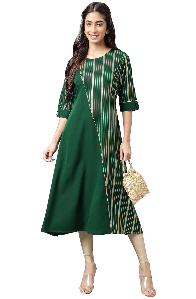 Janasya Women's Dark Green Crepe Foil Printed A-Line Kurta(JNE4234-KR-XXL)