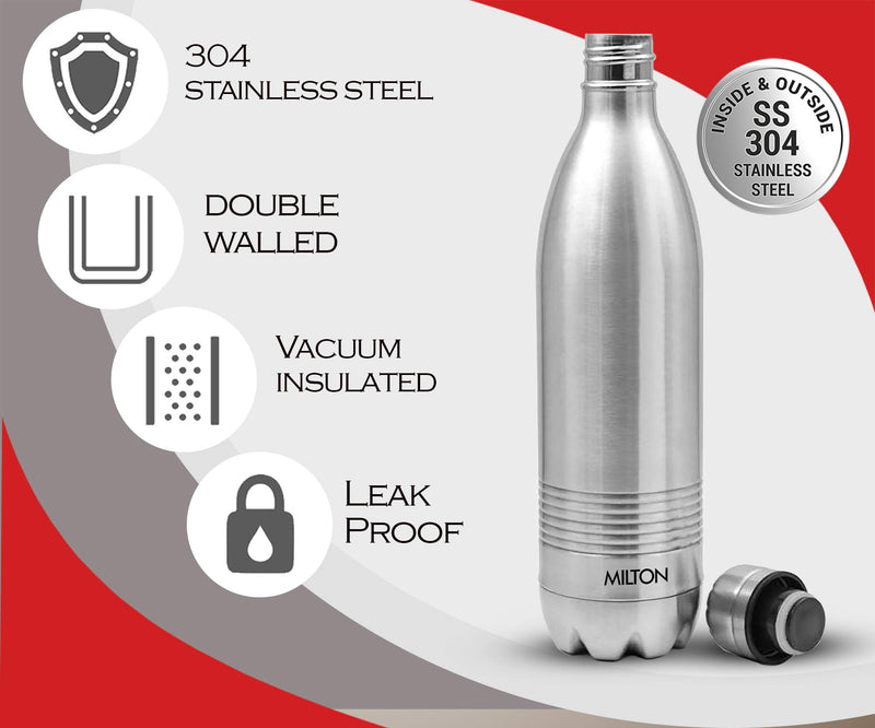 Milton Duo DLX 1000 Thermosteel 24 Hours Hot and Cold Water Bottle, 1 Piece, 1 Litre, Silver | Leak Proof | Office Bottle | Gym | Home | Kitchen | Hiking | Trekking | Travel Bottle