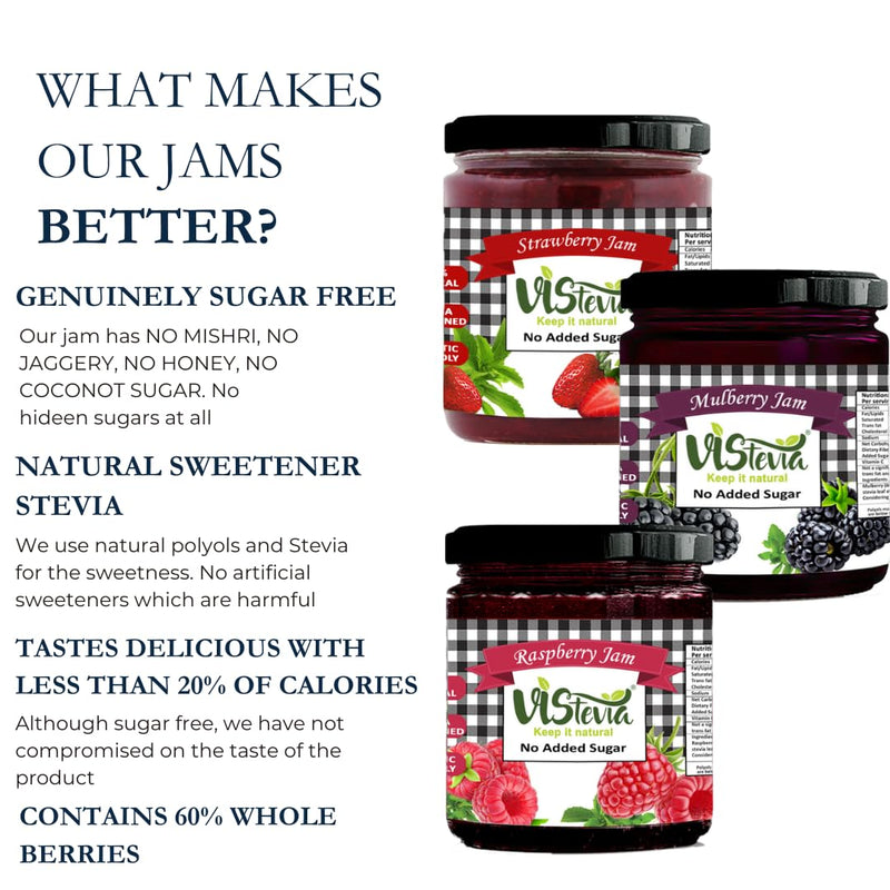 Vistevia Sugar Free Mulberry, Raspberry & Strawberry Jam, Diabetic and Keto Friendly - Sweetened Naturally with Stevia, More Than 60% Whole Berry Content - Tastes Delicious - Pack of 3 (220*3 GM)