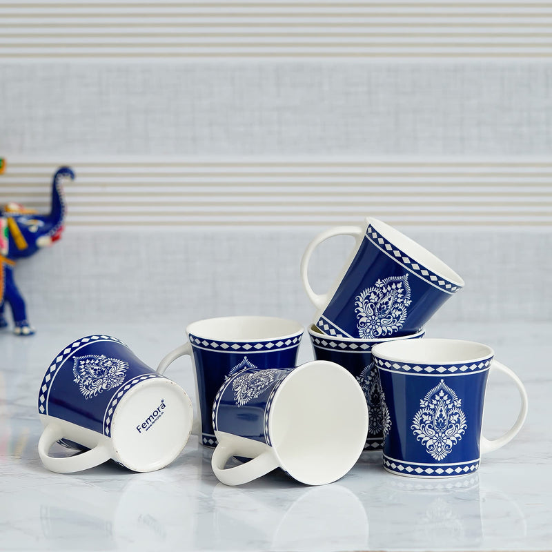 Femora Indian Ceramic Handmade Blue Block Print Tea Cup - 6 pcs, 160 ML - Small Serving