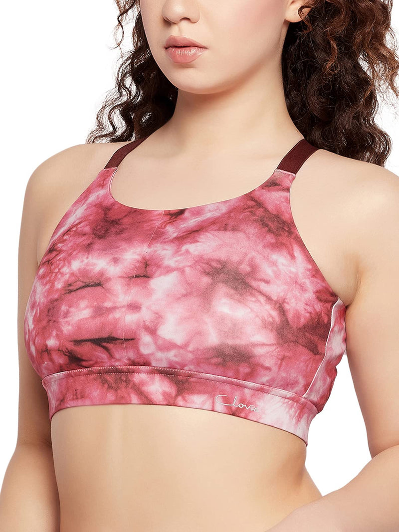 Clovia Women's Medium Impact Padded Printed Sports Bra with Removable Cups (BRS067P09_Maroon_L)