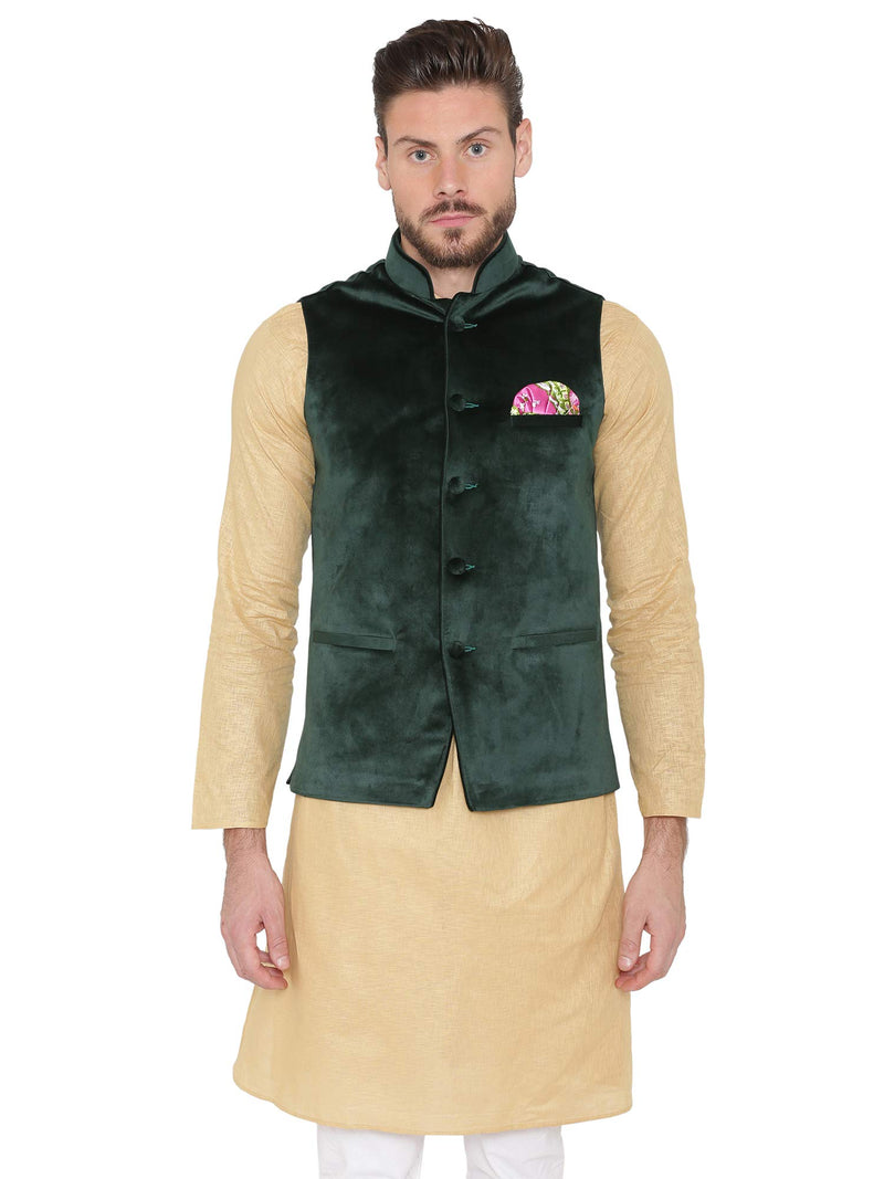 WINTAGE Men's Velvet Dust Free Casual and Festive Nehru Jacket Vest Waistcoat : Dark Green