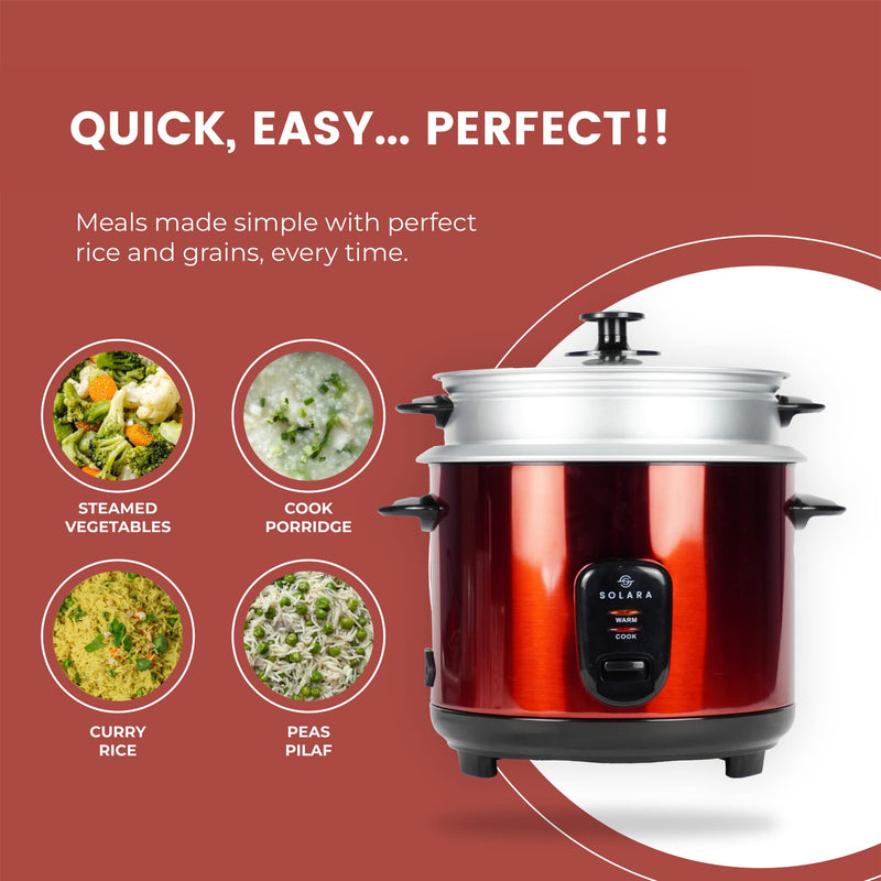 SOLARA Automatic Rice Cooker - Automatic Electric Cooker with Food Steamer | Electric Rice Cooker and Grain Cooker | 500 Watts | Rice Cooker 1.5 litre with Steam & Rinse Basket - Red