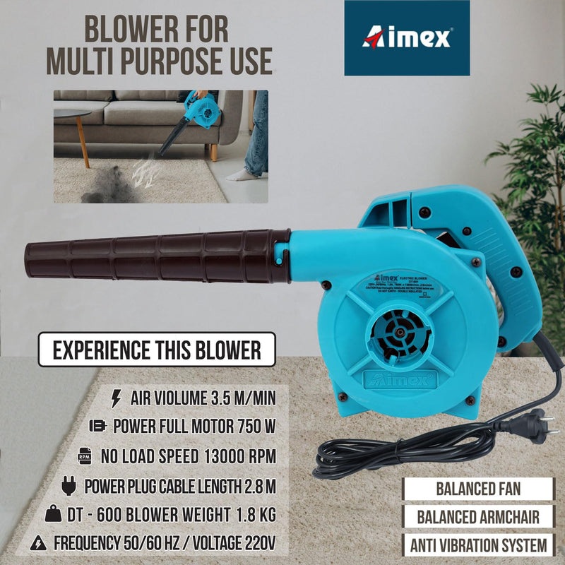 Aimex DT-601 Electric Air Blower, Blow Rate 3.5 m3/Min, Heavy Motor, 13000 RPM, Professional Quality, Clears Away Dust Particles from Furniture, Cars, Windows & Other Rigid Surfaces, 2.8 M Wire