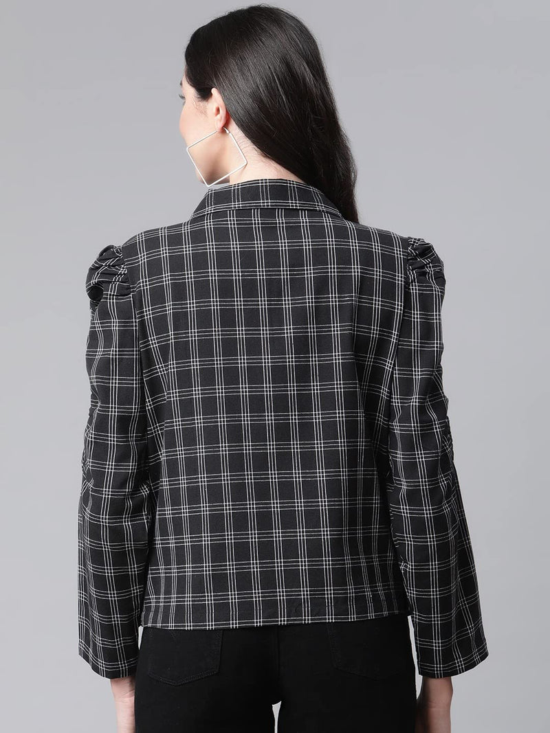 Cottinfab Women Black White Pure Cotton Checked Tailored Jacket