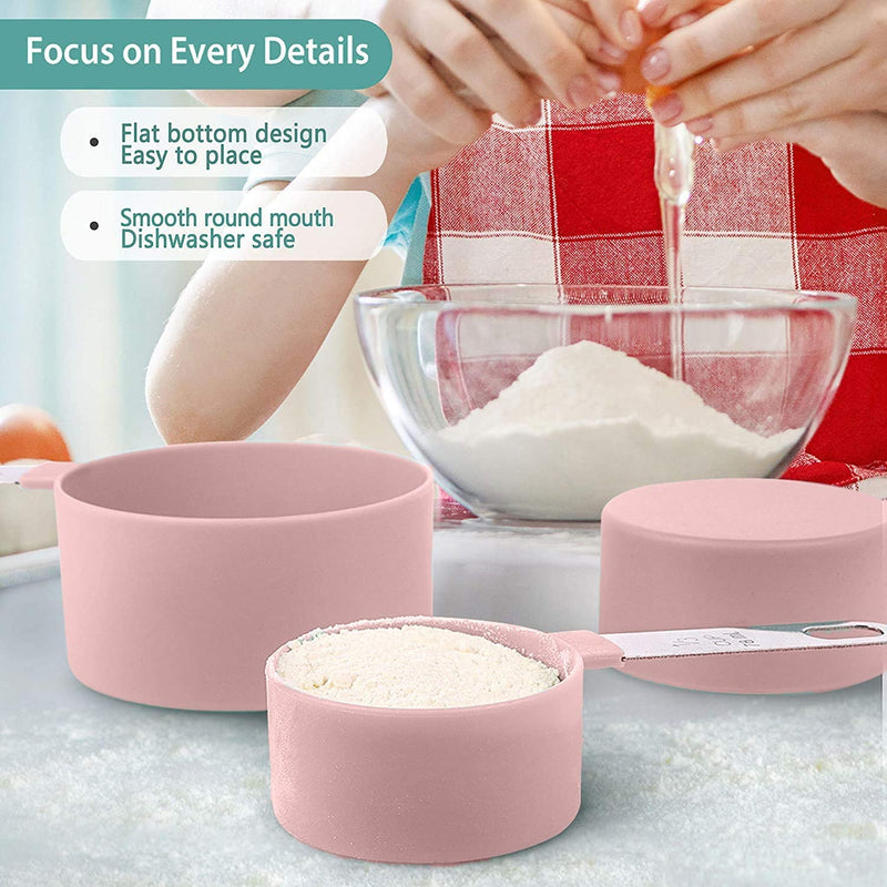 Gopendra Measuring Cups Set Measuring Spoons Set, Nesting Measure Cups with Stainless Steel Handle, for Measuring Dry and Liquid Ingredients Small Teaspoon with Plastic Head (Pink)