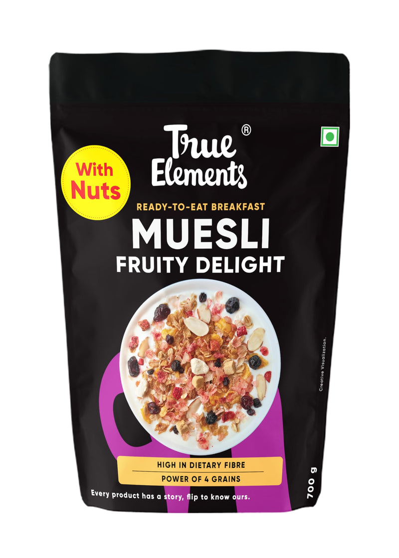 True Elements Muesli Fruity Delight 700gm | Natural Fruits & Nuts | Cereal for Breakfast | Rich In Fibre and Gluten Free Muesli