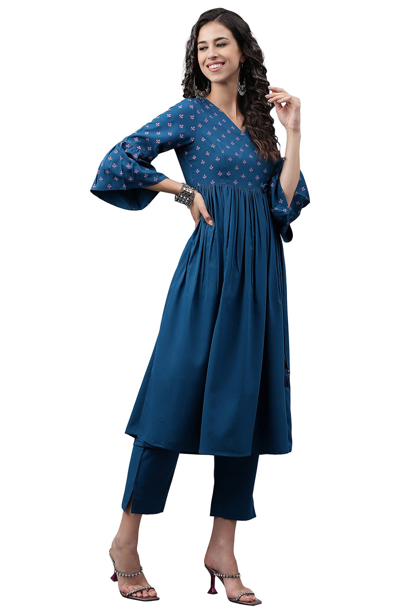 Janasya Women's Blue Crepe Solid Angrakha Kurta(JNE4148-KR-A-L)