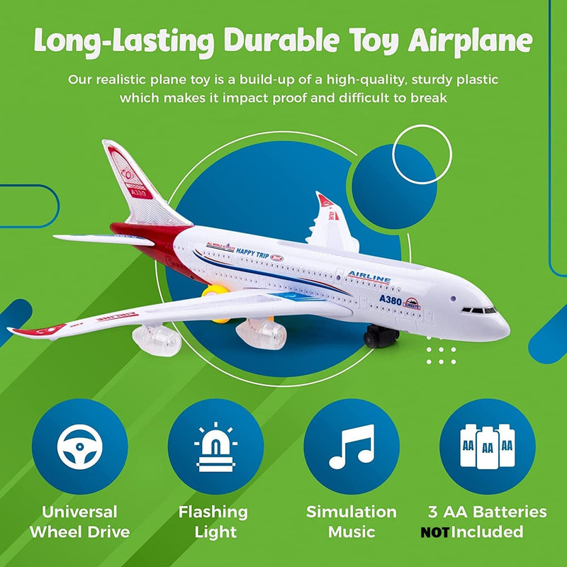 Toyshine Airplane Toys for Kids, Bump and Go Action, Toddler Toy Plane with LED Flashing Lights and Sounds for Boys & Girls 3-12 Years Old (A380)- Mix Design