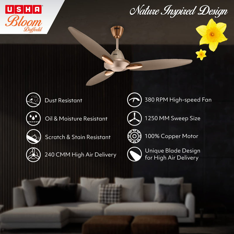 Usha Bloom Daffodil Goodbye Dust Ceiling Fan 1250mm, Sparkle Golden and Brown