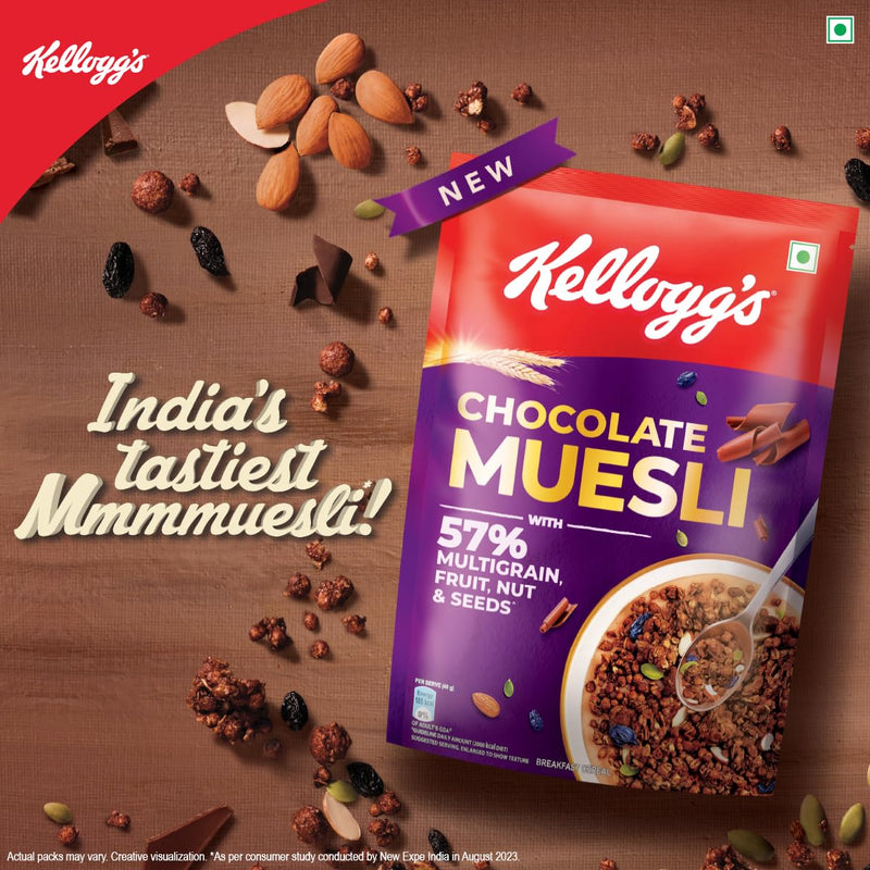 New Kellogg's Chocolate Muesli 57% Multigrain, Fruit, Nut & Seeds 450g | 7in1 - Oats, Wheat, Corn, Rice, Almonds, Pumpkin Seeds & Black Raisins | Source of Protein & Fibre, Multigrain Breakfast Cereal