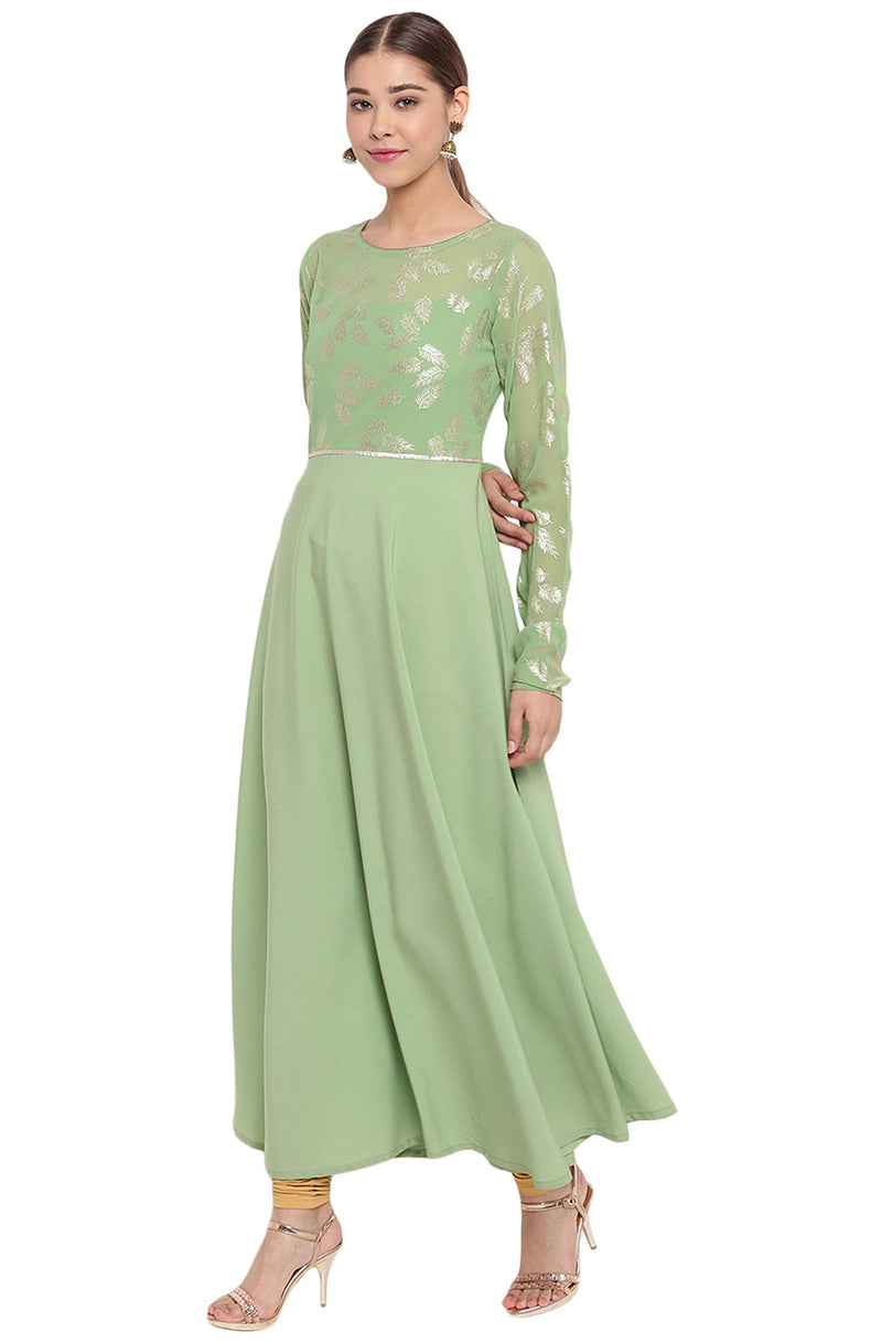 Janasya Women's Light Green Poly Crepe Botanical Print Gown Kurta