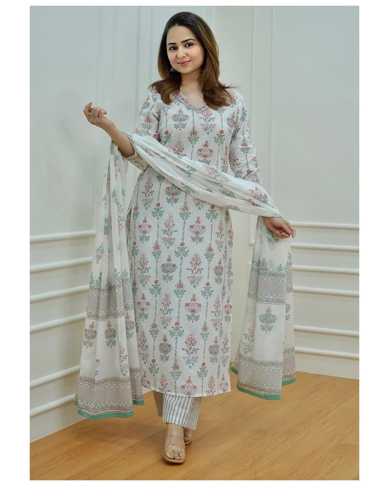 KLOSIA Women Printed Kurta and Pant Set with Dupatta (Medium) White