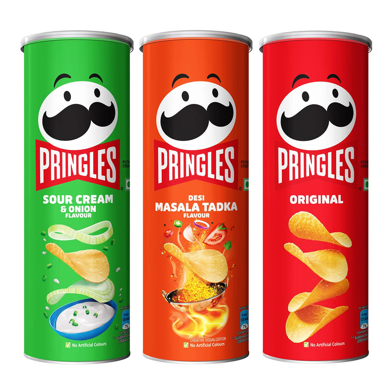 Kellogg's Pringles Original + Sour Cream & Onion + Desi Masala Tadka Flavour(107g each)