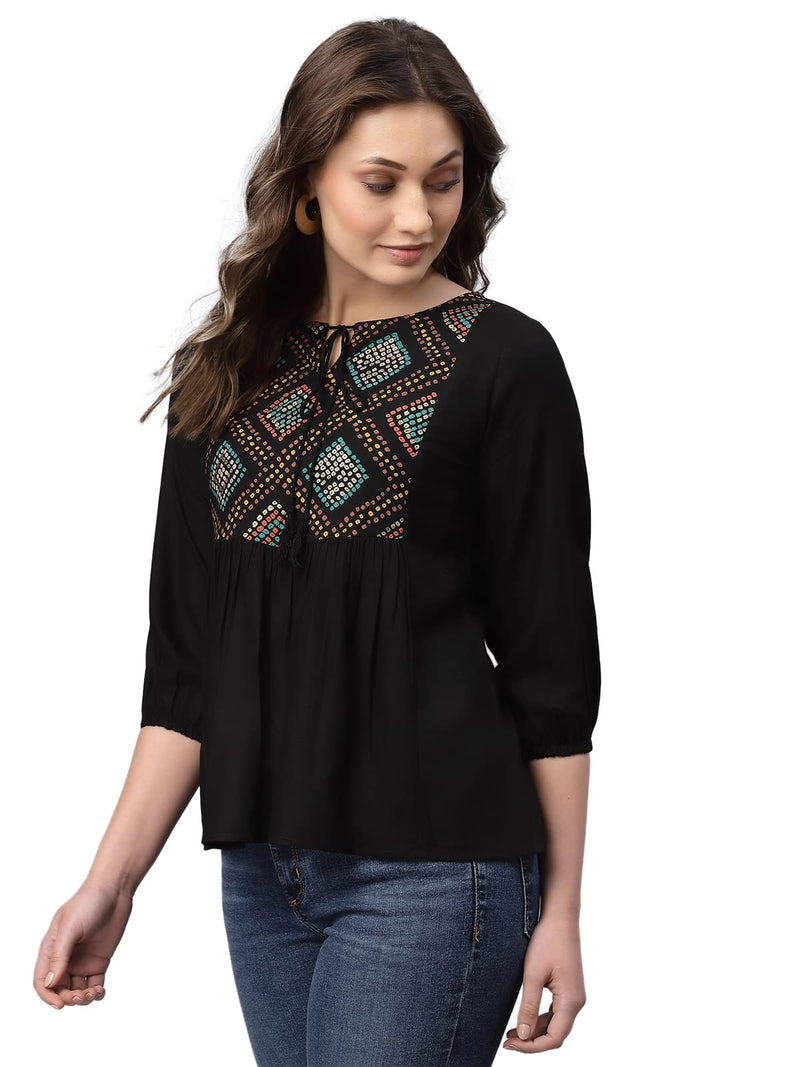 SIRIL Women's Rayon Mill Printed Regular Top(309TK6035-L_Black)