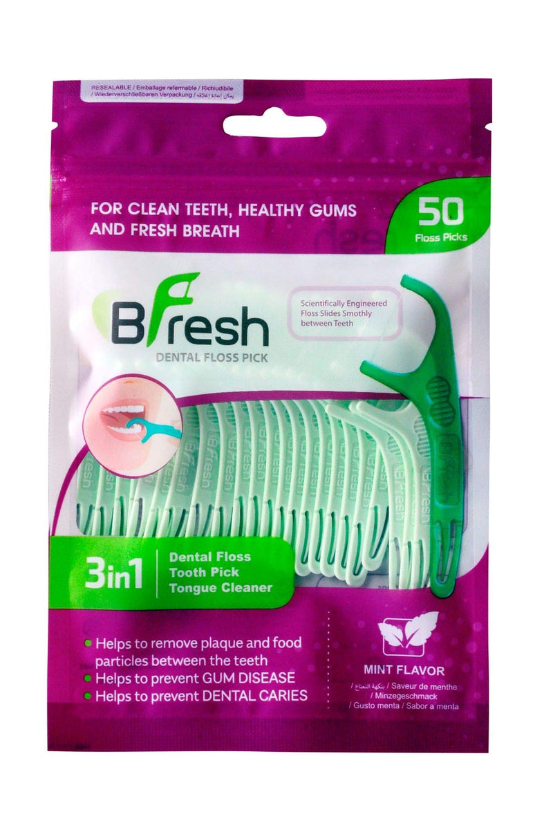 BFresh Flossers 3 in 1 Dental Floss Picks 50 Pcs Mint flavored flosser with tongue cleaner and toothpick for fresh breath and healthy gums