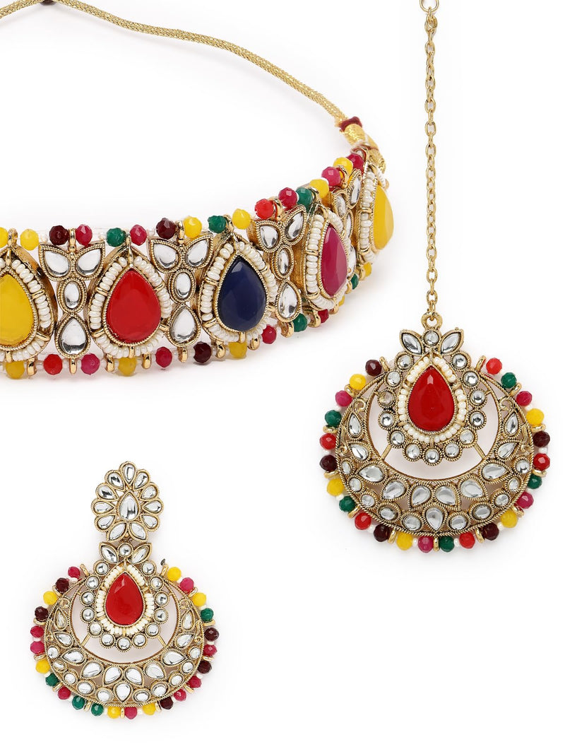 Sukkhi Incredible Drop Shaped Multicolor Kundan & Beads Choker Necklace Set With Earring And Maangtika | Jewellery Set For Women (NS105632)