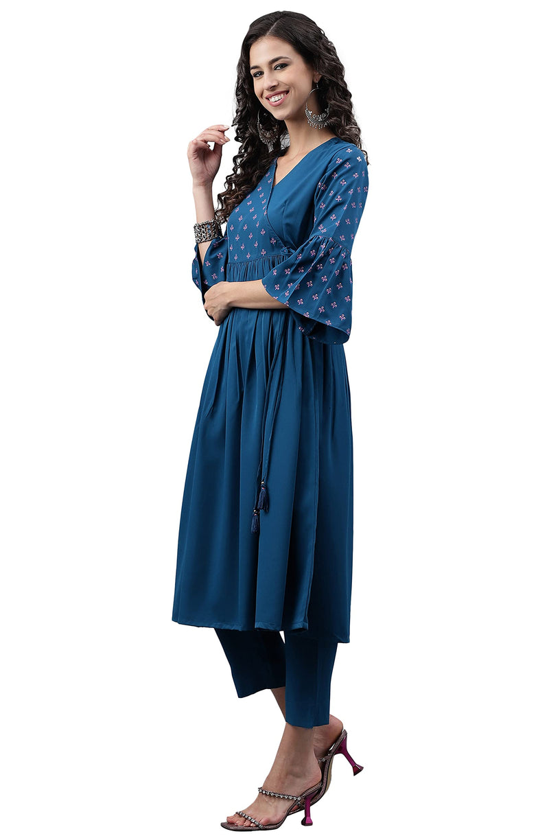 Janasya Women's Blue Crepe Solid Angrakha Kurta(JNE4148-KR-A-L)