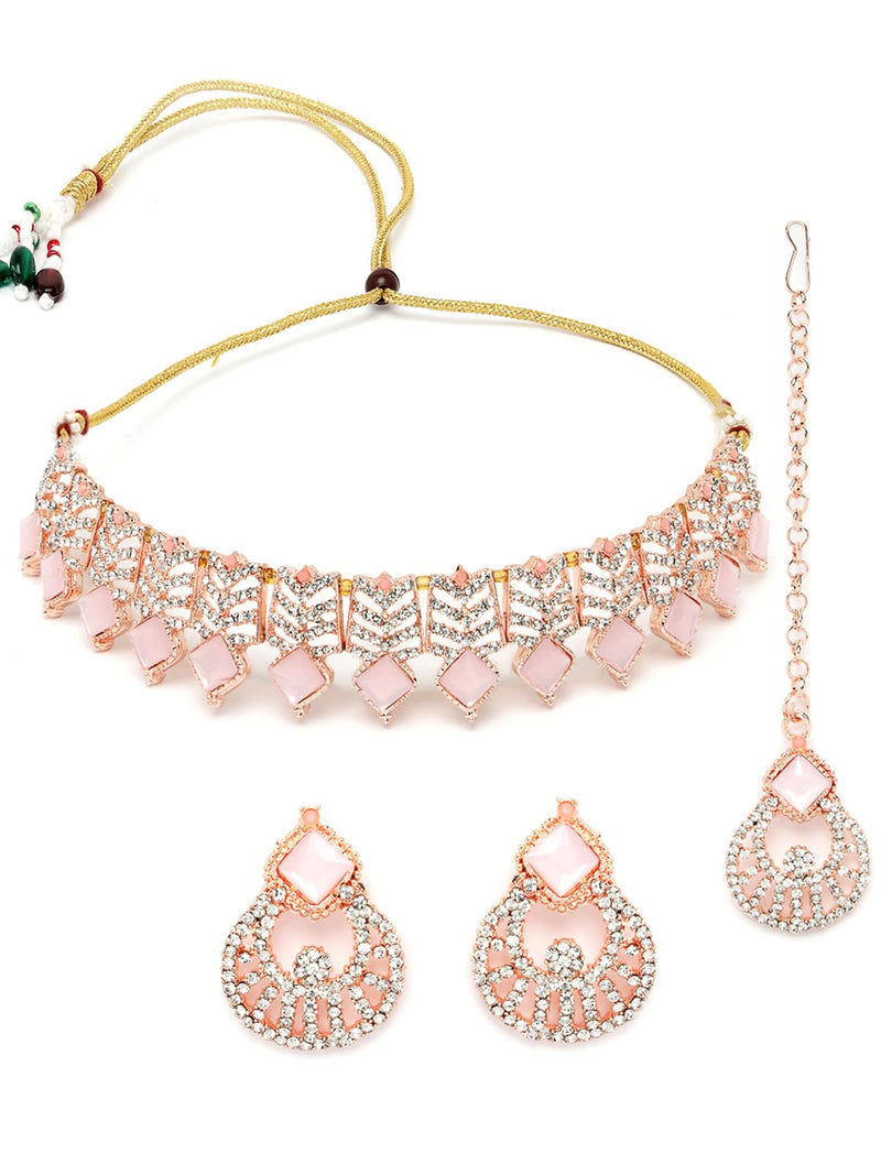 Sukkhi Seaside Rose Gold Plated Pink AD Stones & Beads Choker Necklace Set With Earring And Maangtika | Jewellery Set For Women (NS105560)